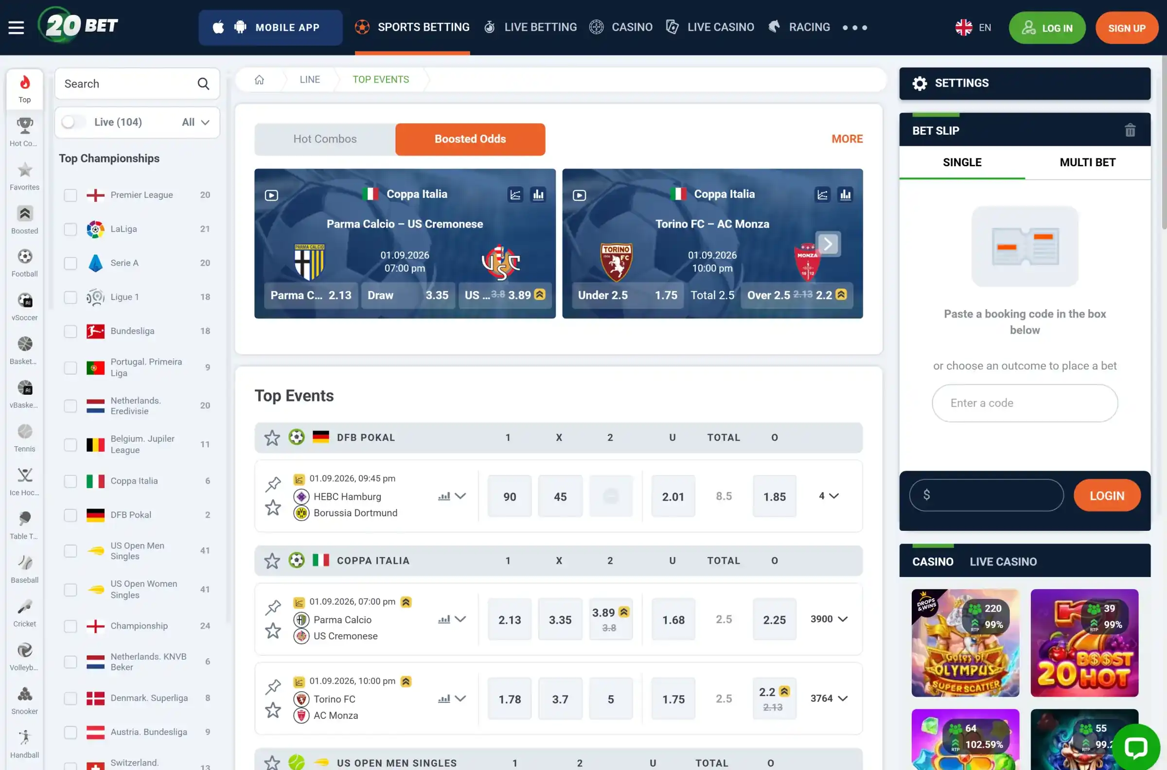 20Bet スポーツベッティング